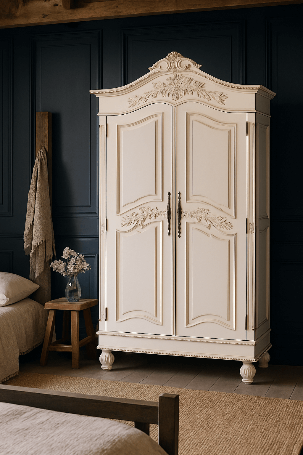 Chic french wardrobe armoire in a rustic french style bedroom