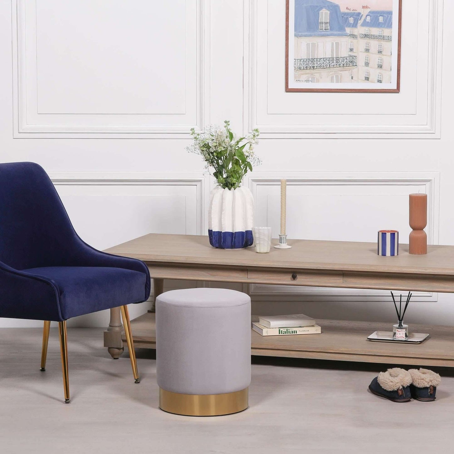 Light Grey Velvet Round Stool Pouffe With Gold Trim Base