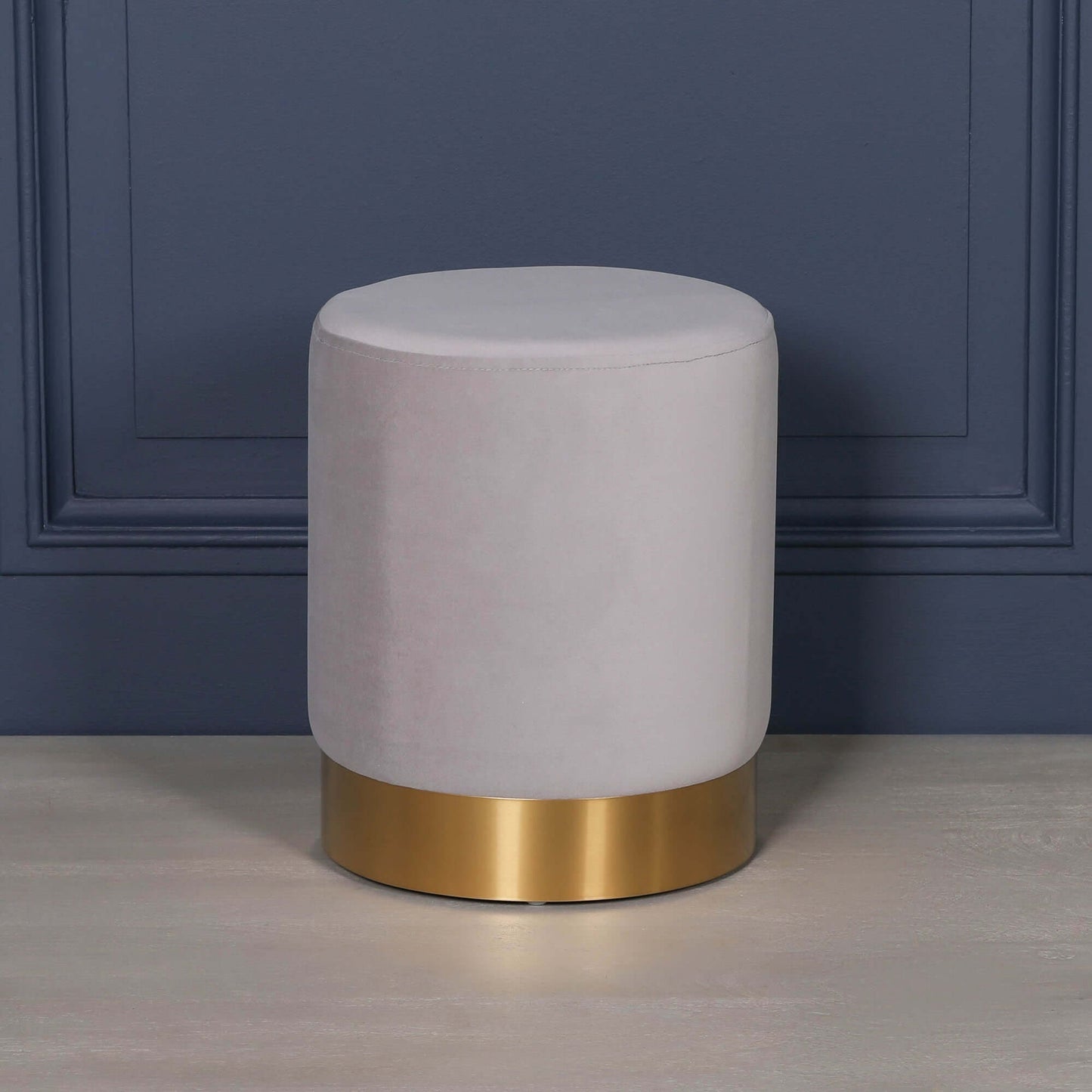 Light Grey Velvet Round Stool Pouffe With Gold Trim Base