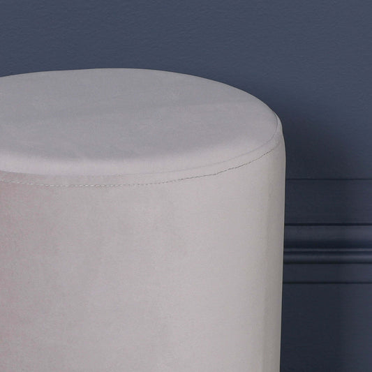 Light Grey Velvet Round Stool Pouffe With Gold Trim Base