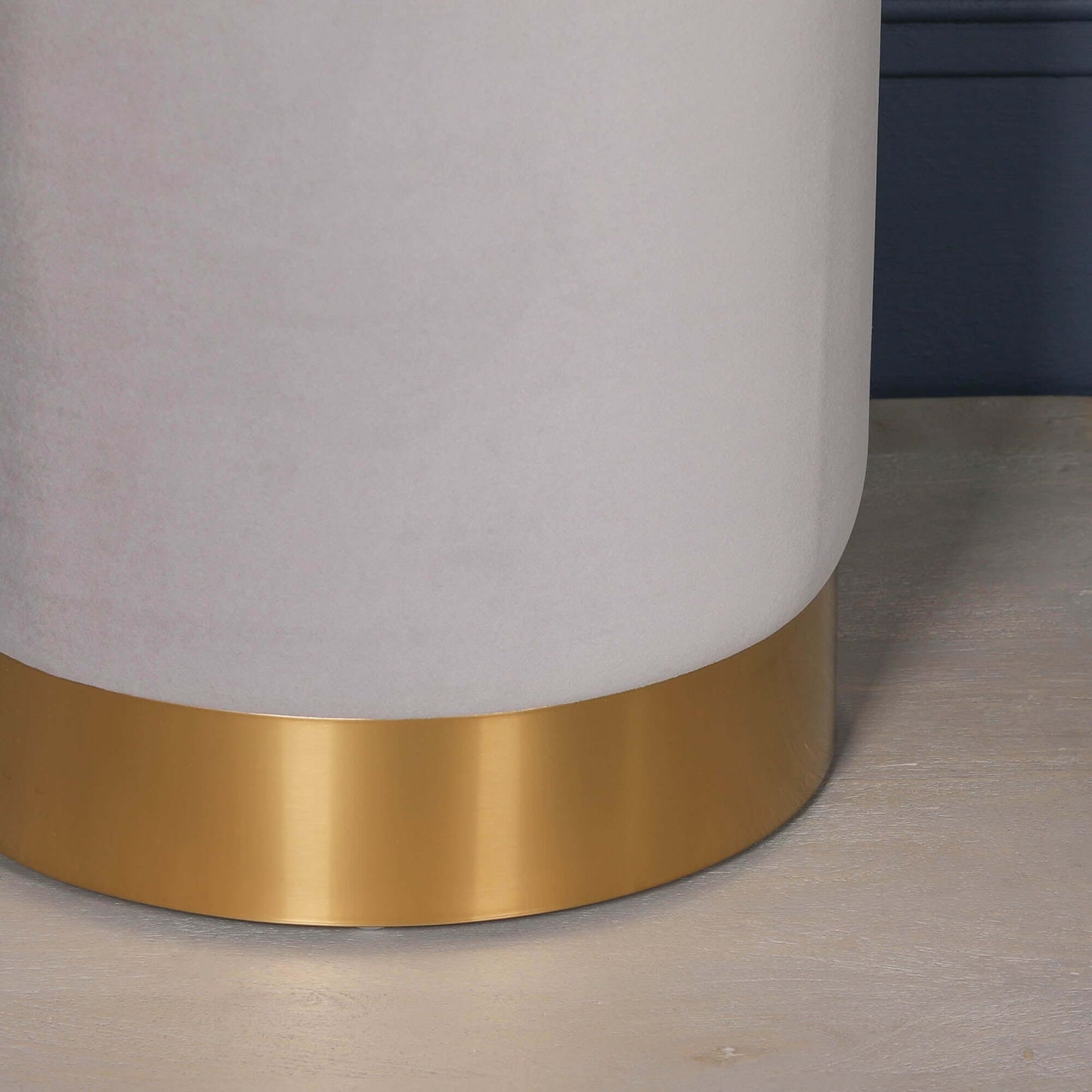 Light Grey Velvet Round Stool Pouffe With Gold Trim Base