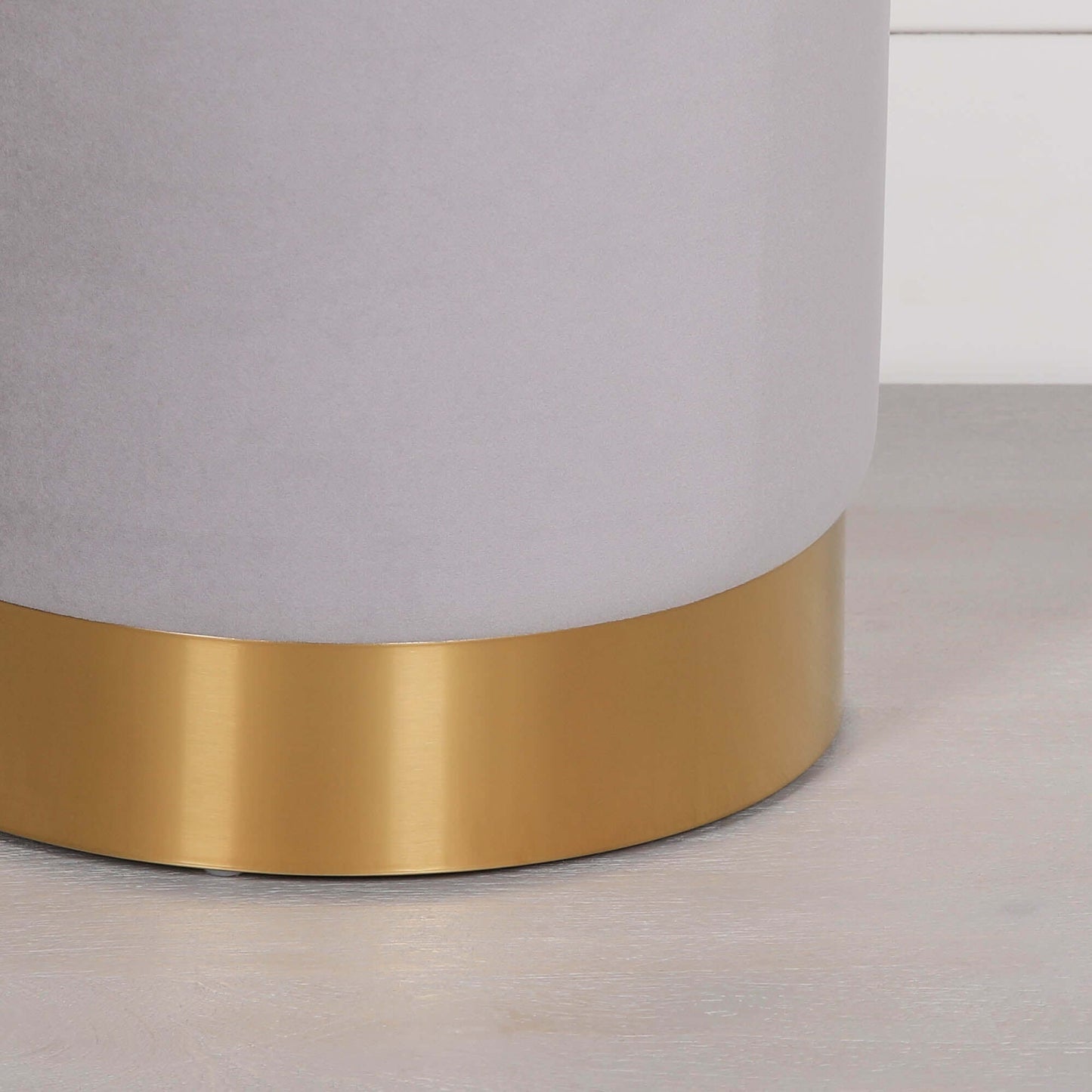 Light Grey Velvet Round Stool Pouffe With Gold Trim Base
