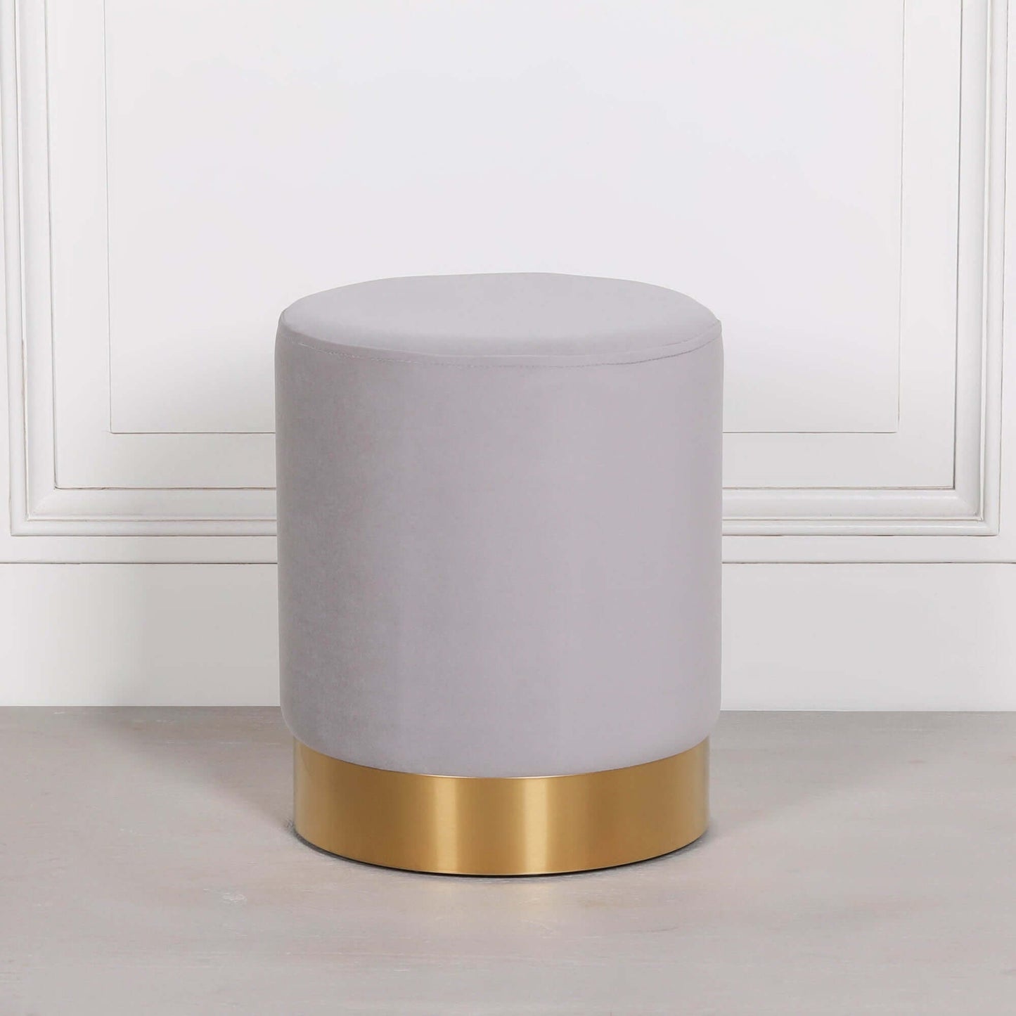Light Grey Velvet Round Stool Pouffe With Gold Trim Base