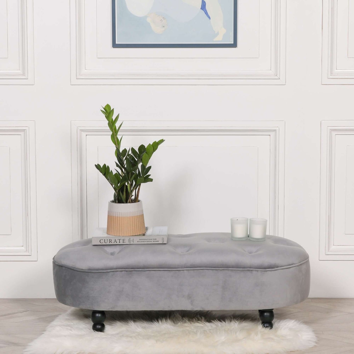 Grey Velvet Button Ottoman Bench Black Legs