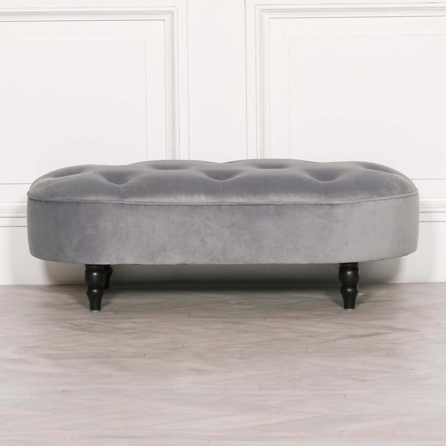 Grey Velvet Button Ottoman Bench Black Legs