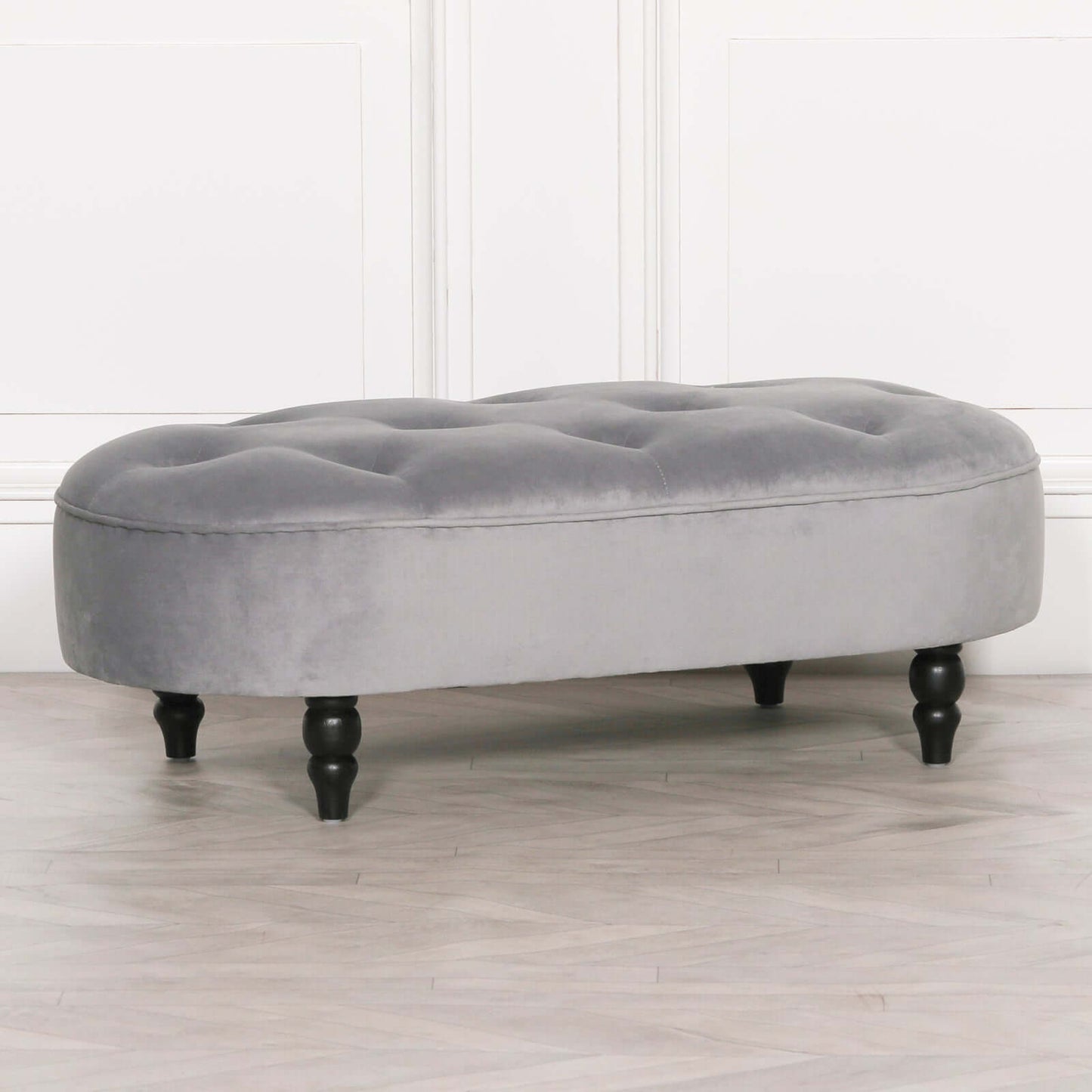 Grey Velvet Button Ottoman Bench Black Legs