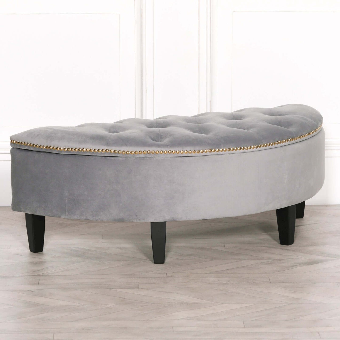Grey Velvet Storage Bench Ottoman With Black Legs