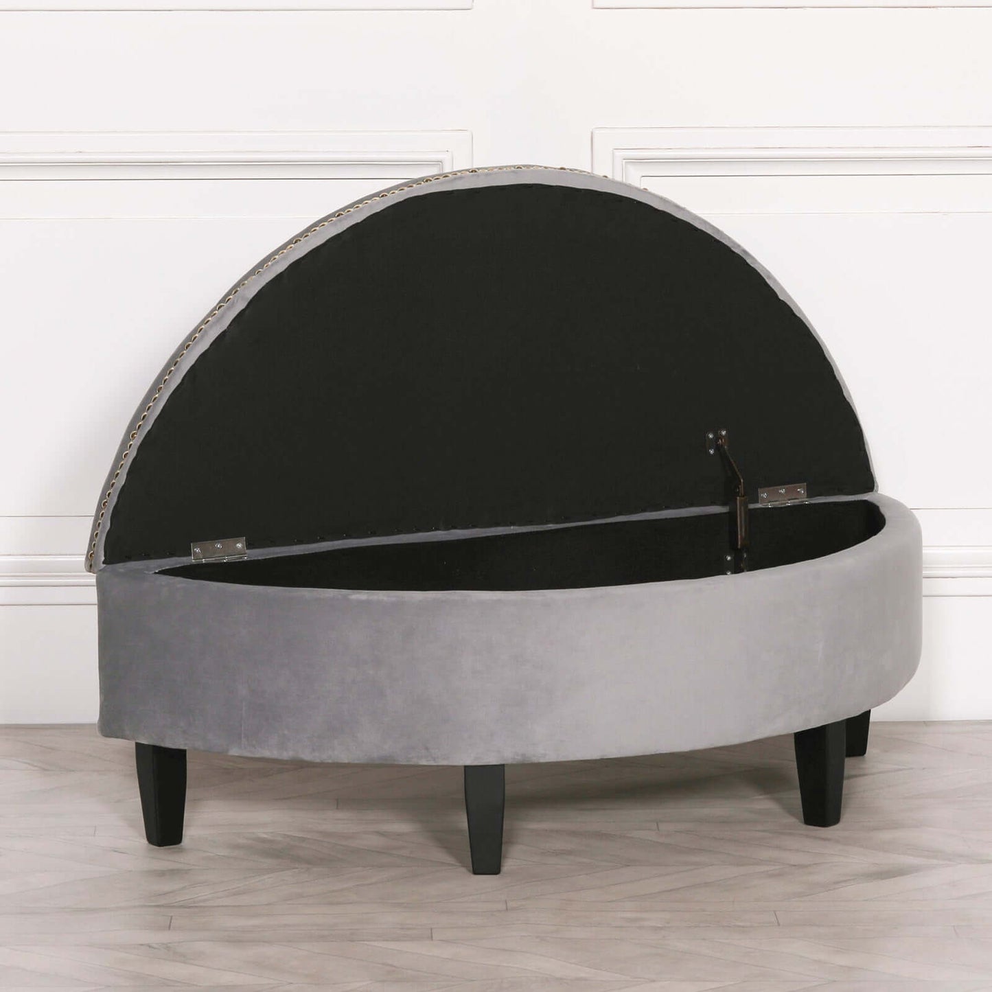 Grey Velvet Storage Bench Ottoman With Black Legs
