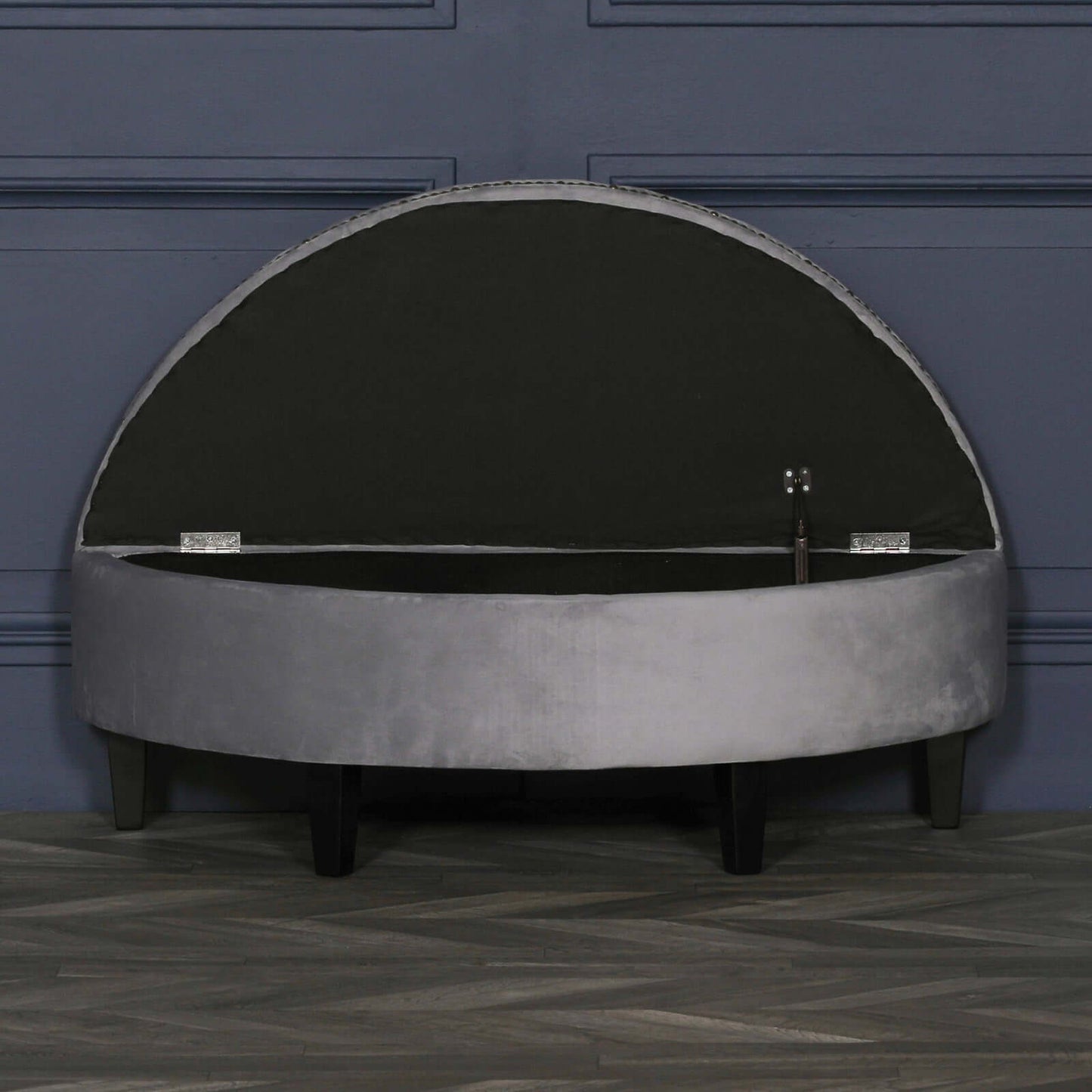 Grey Velvet Storage Bench Ottoman With Black Legs