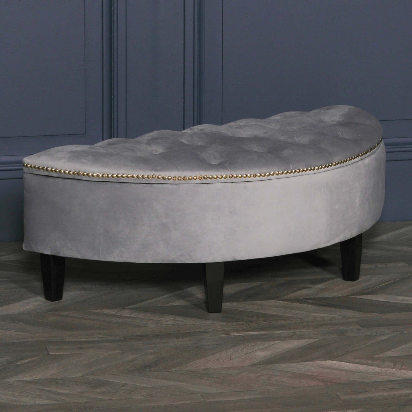 Grey Velvet Storage Bench Ottoman With Black Legs