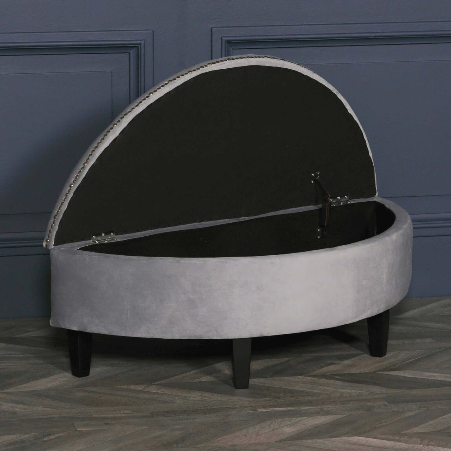 Grey Velvet Storage Bench Ottoman With Black Legs