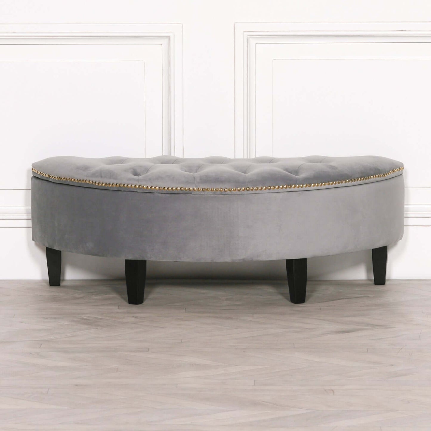 Grey Velvet Storage Bench Ottoman With Black Legs