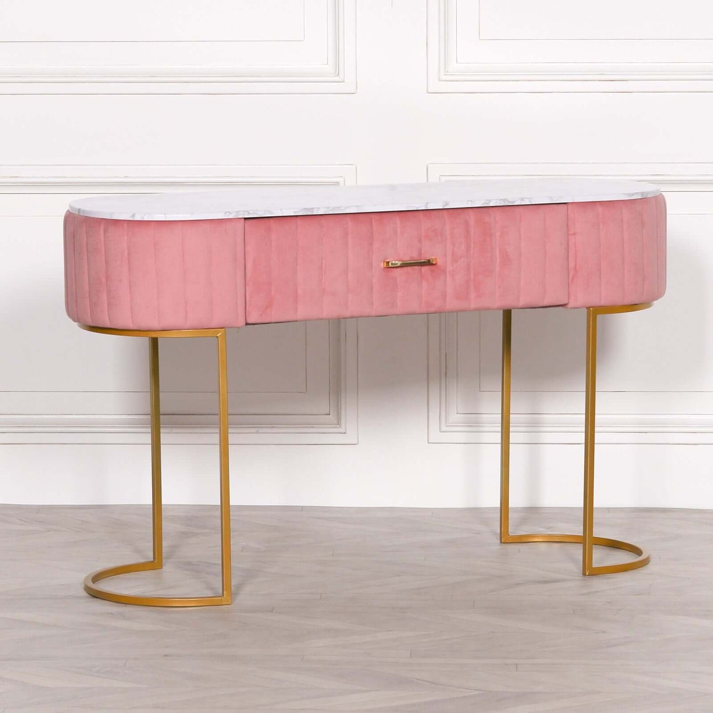 Pink Velvet Vanity Dressing Table with Marble Top and Gold Legs