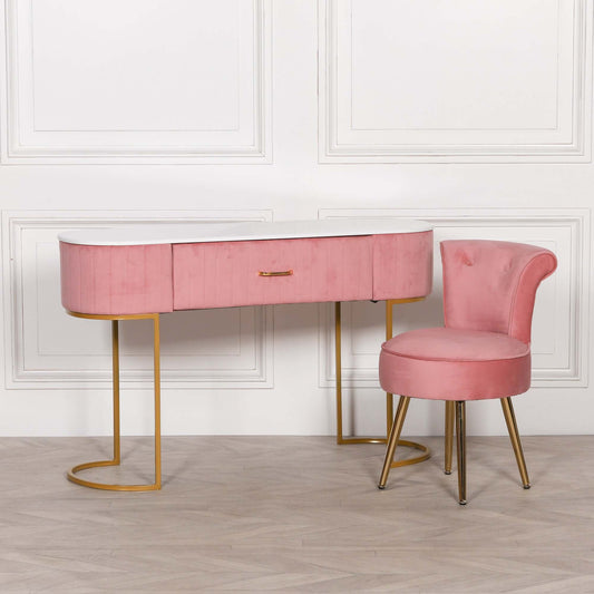 Pink Velvet Vanity Dressing Table with Marble Top and Gold Legs