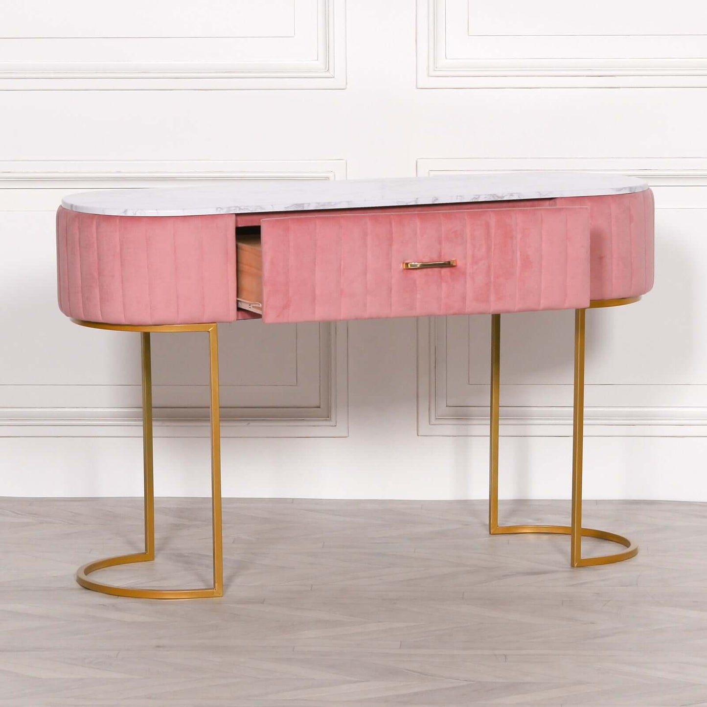 Pink Velvet Vanity Dressing Table with Marble Top and Gold Legs