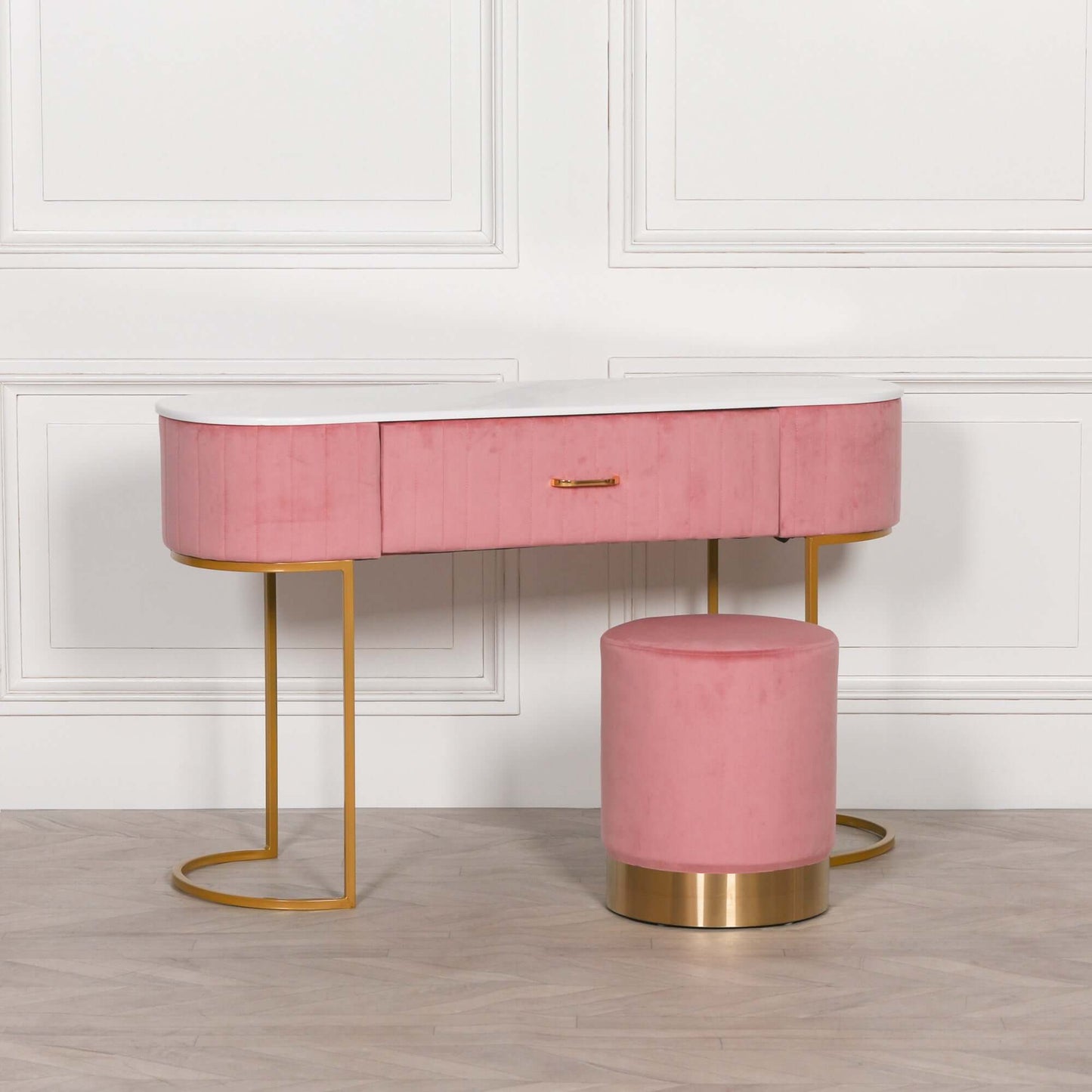 Pink Velvet Vanity Dressing Table with Marble Top and Gold Legs