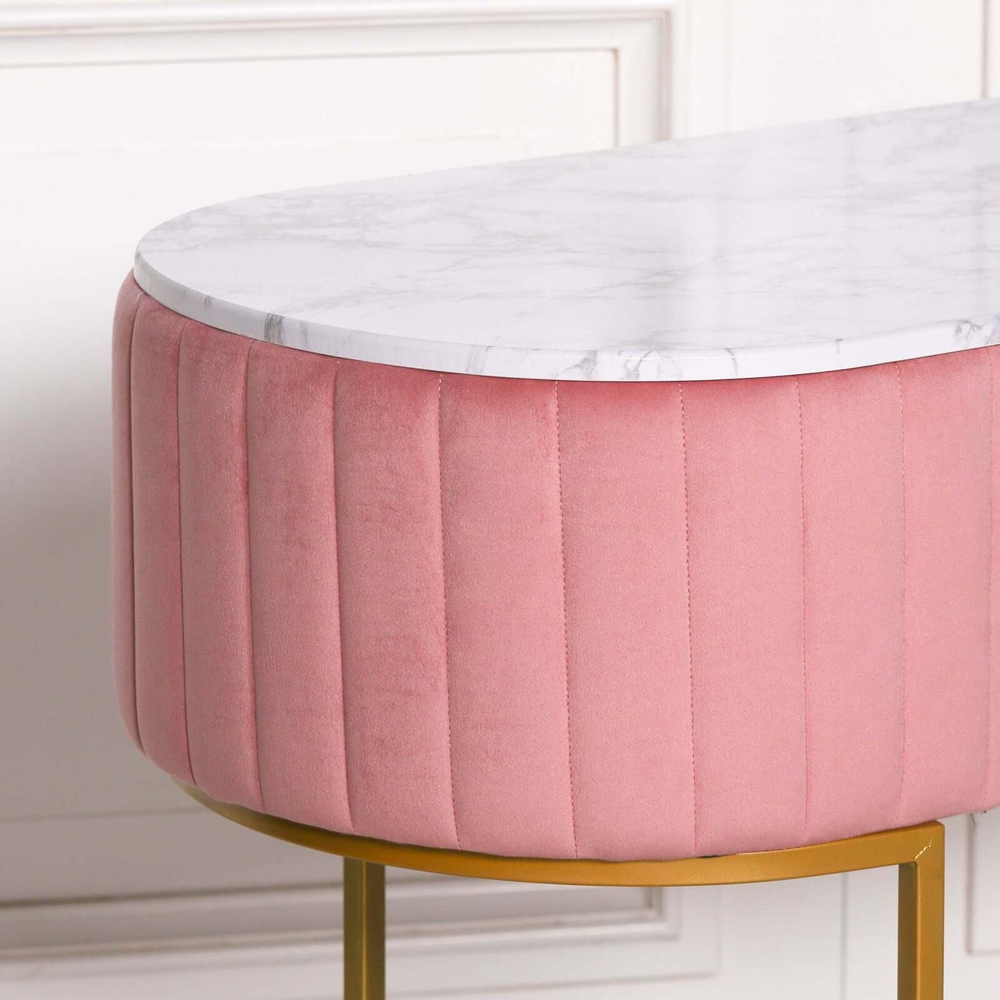 Pink Velvet Vanity Dressing Table with Marble Top and Gold Legs
