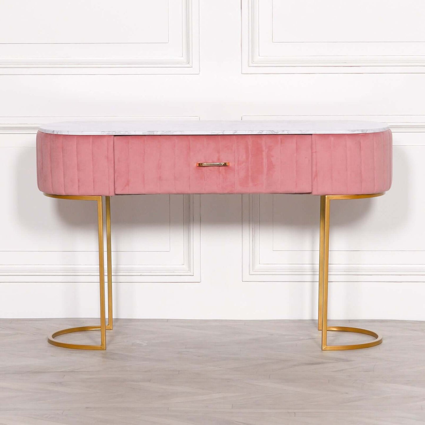 Pink Velvet Vanity Dressing Table with Marble Top and Gold Legs