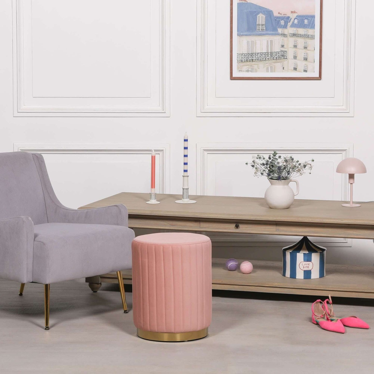 Blush Pink Velvet Round Stool with Gold Base