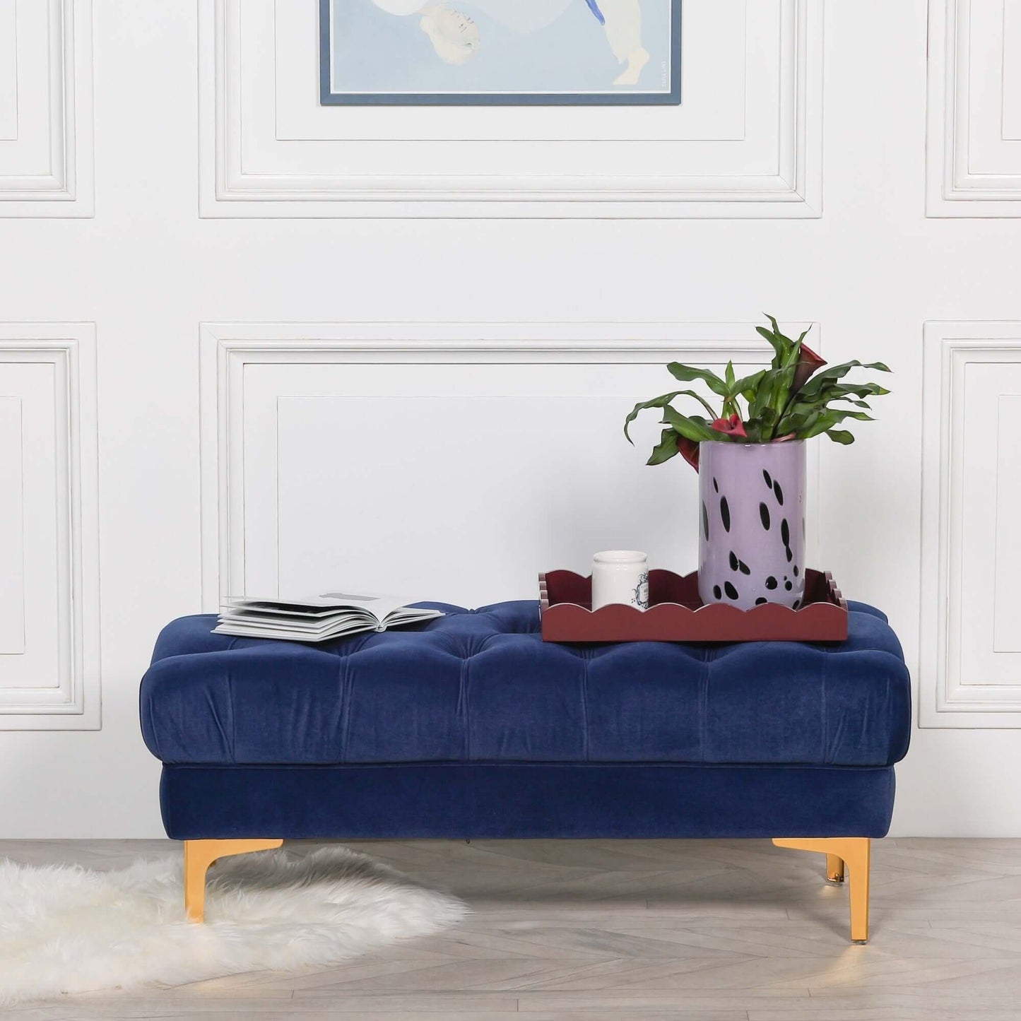 Navy Blue Velvet Ottoman Bench with Gold Legs Buttoned Features