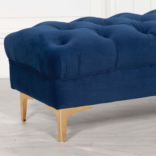 Navy Blue Velvet Ottoman Bench with Gold Legs Buttoned Features