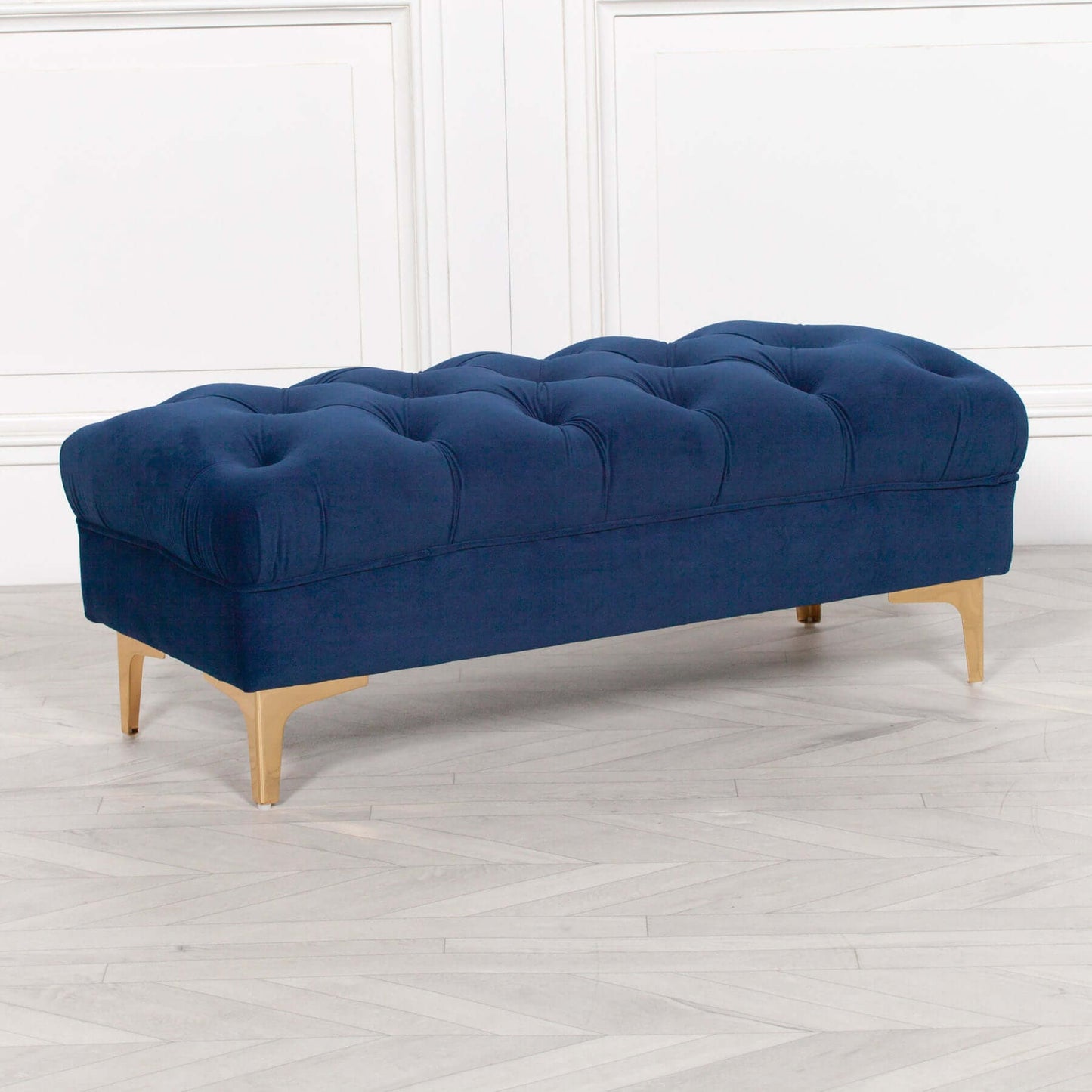 Navy Blue Velvet Ottoman Bench with Gold Legs Buttoned Features