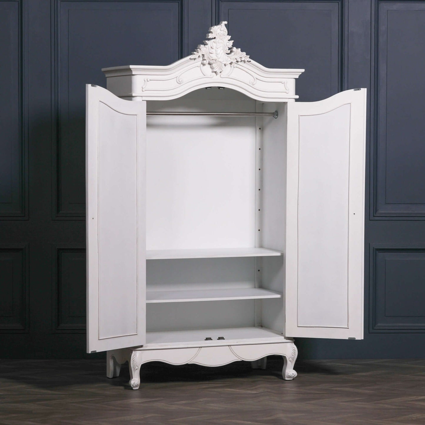 French Style White Carved Double Full Mirrored Armoire
