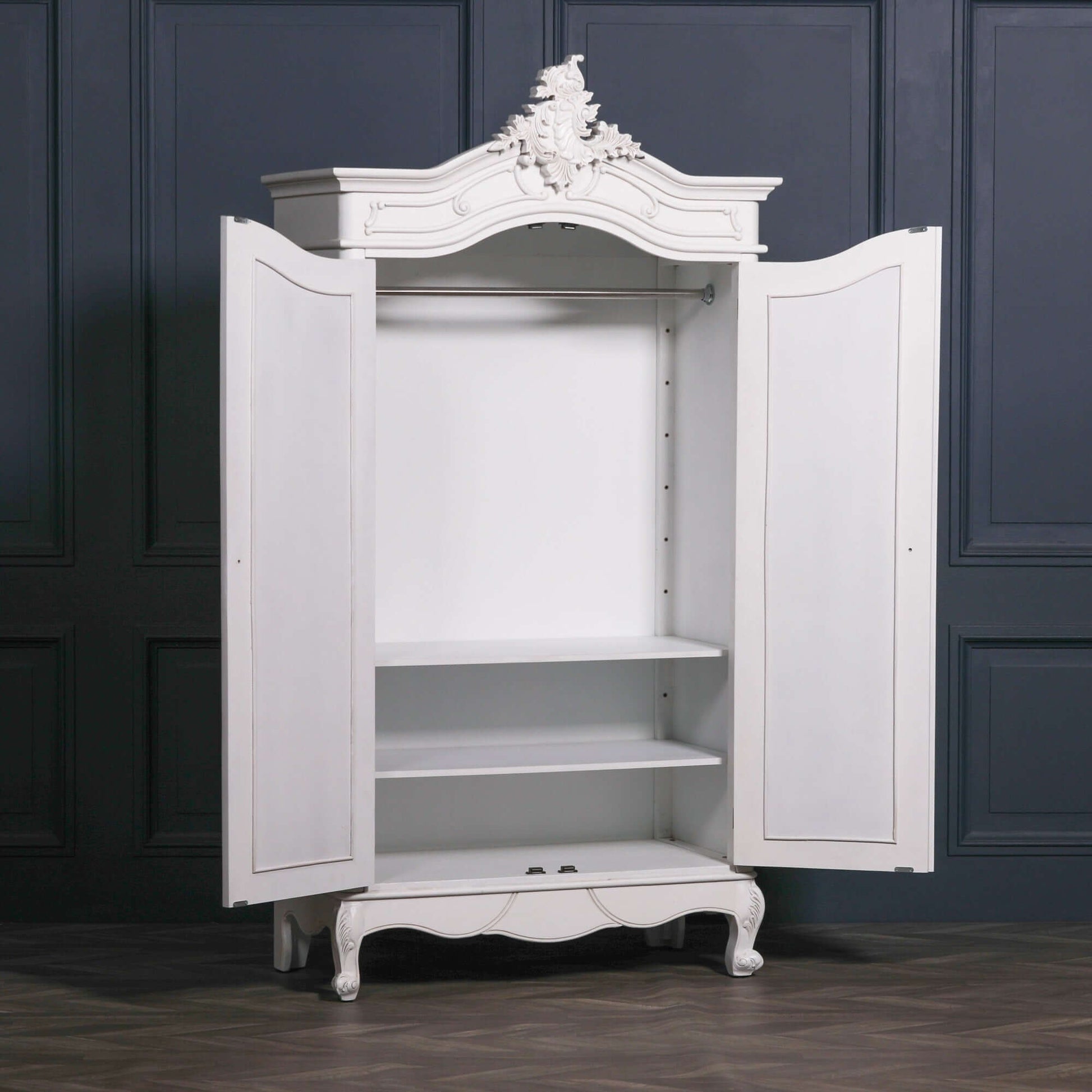 French Style White Carved Double Full Mirrored Armoire