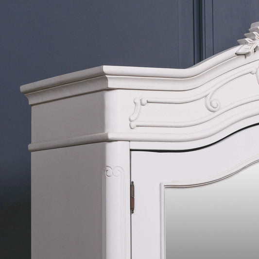 French Style White Carved Double Full Mirrored Armoire