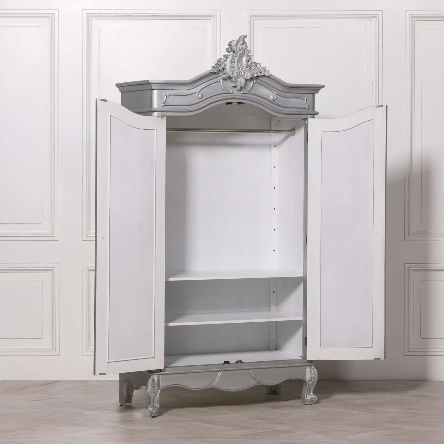 Silver Carved Double Full Mirrored Armoire French Style