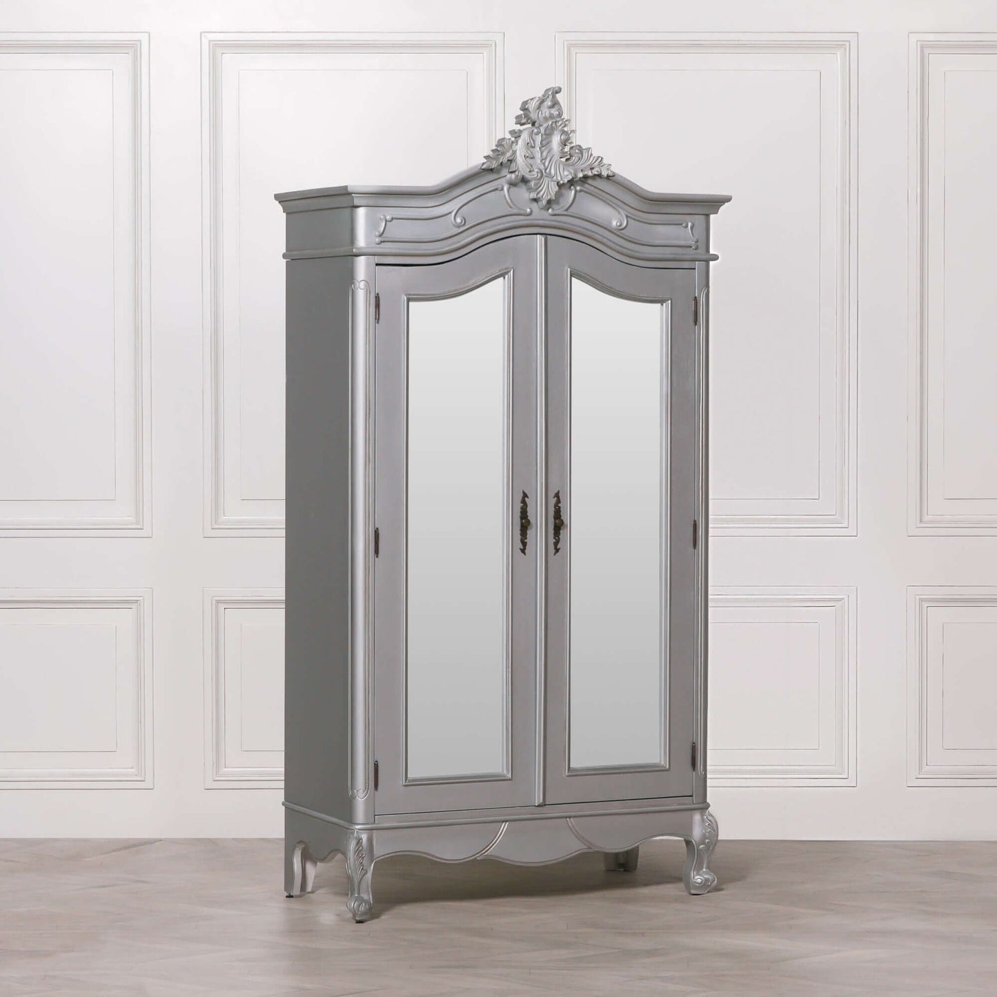 Silver Carved Double Full Mirrored Armoire French Style