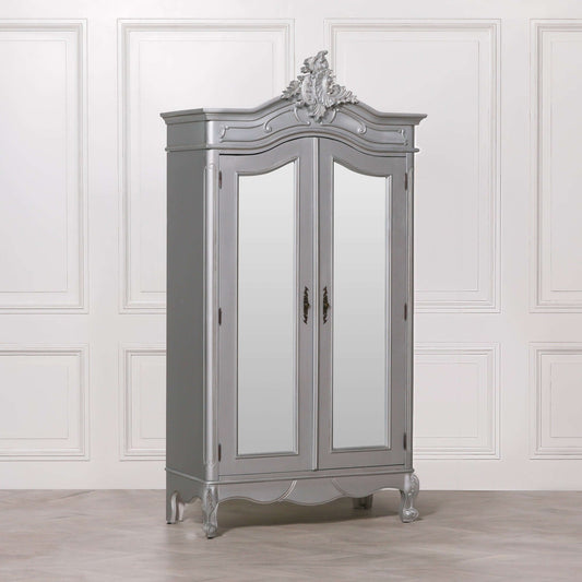 Silver Carved Double Full Mirrored Armoire French Style