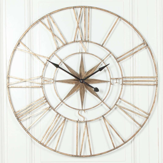 Extra Large Compass Wall Clock Metal Rustic Style 120cm