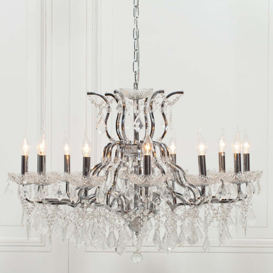 Chrome Chandelier 12 Branch Shallow Cut Glass French Chic Style