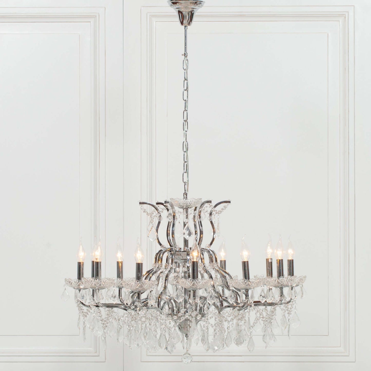 Chrome Chandelier 12 Branch Shallow Cut Glass French Chic Style