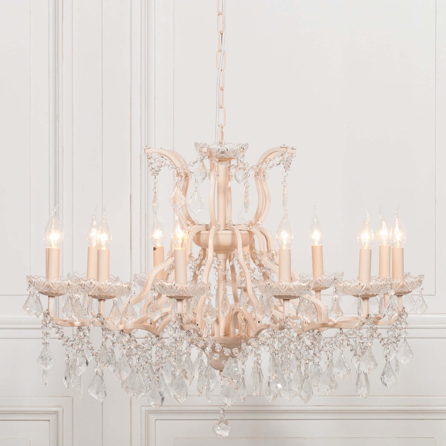Cream Chandelier 12 Branch Shallow Cut Glass French Chic Style
