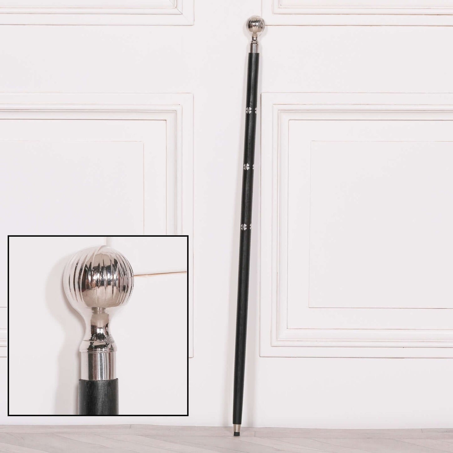 Victorian Style Nickel Plated Clover Black Wooden Walking Stick