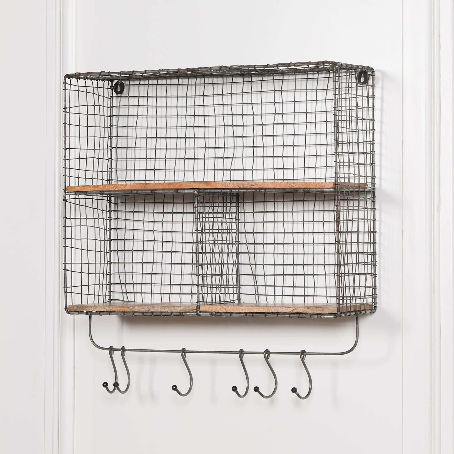 Wire 3 Compartment Wall Shelf with Wood Shelves and Hooks