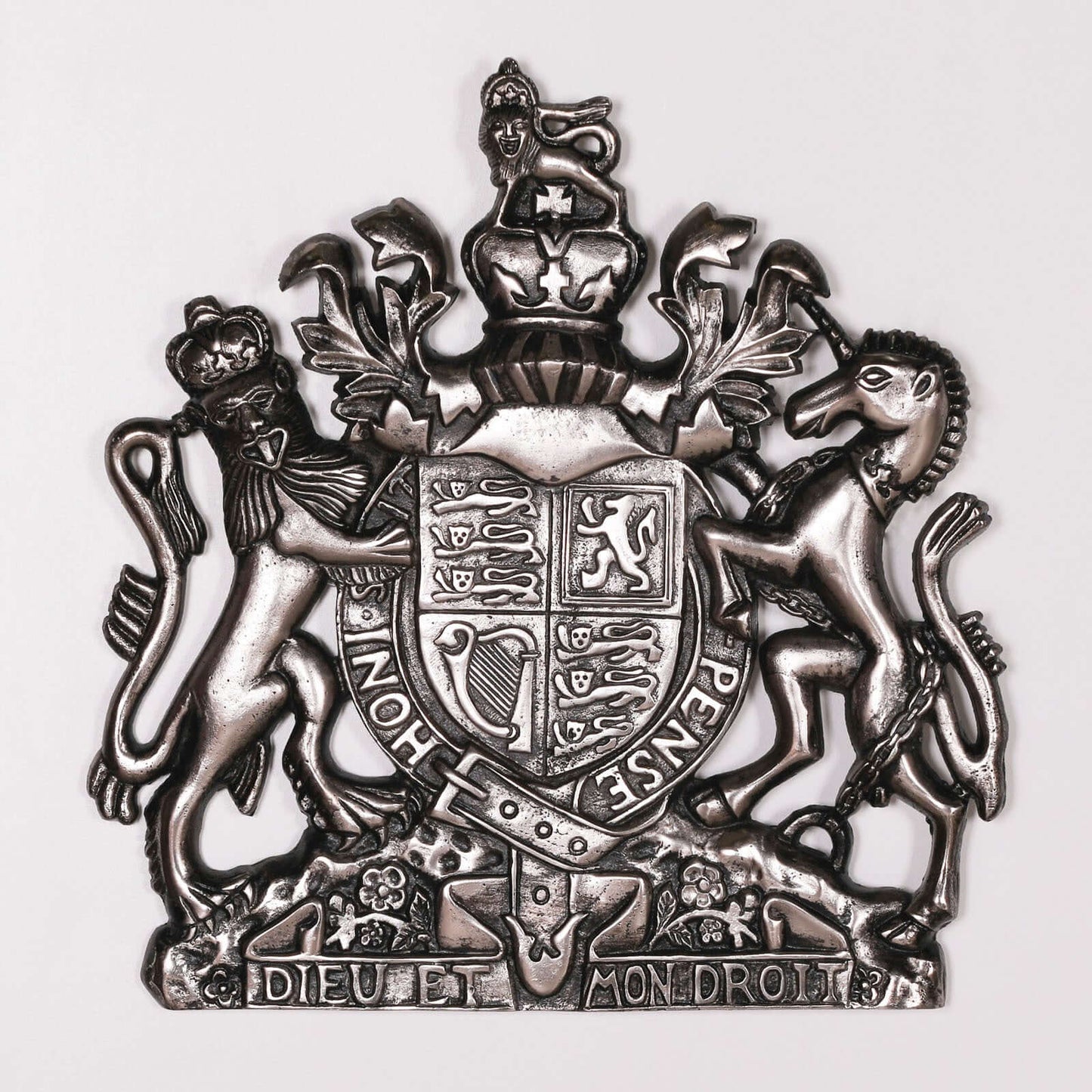 Vintage Silver Style 37cm Cast Metal Coat of Arms