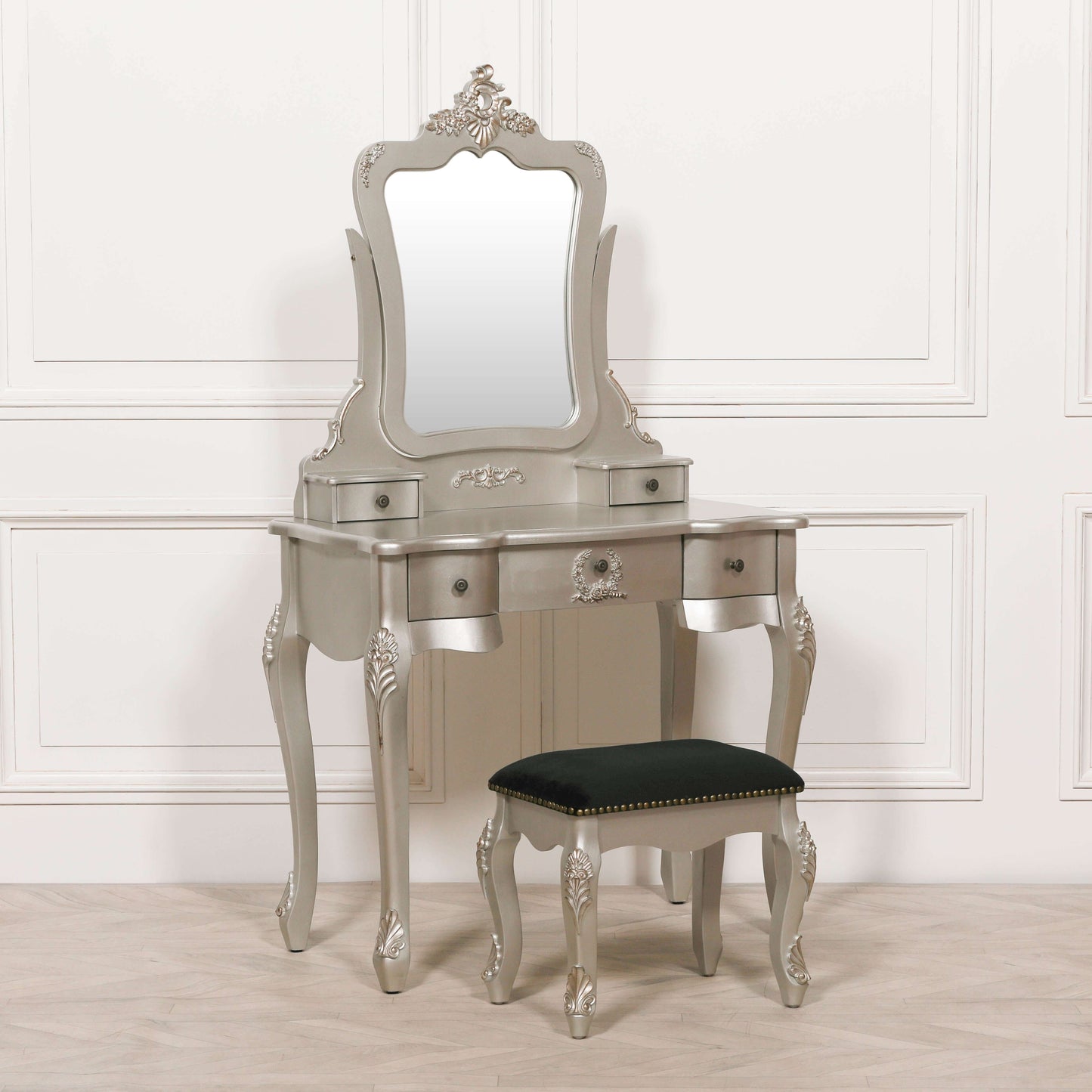 French Antique Silver Dressing Table And Stool