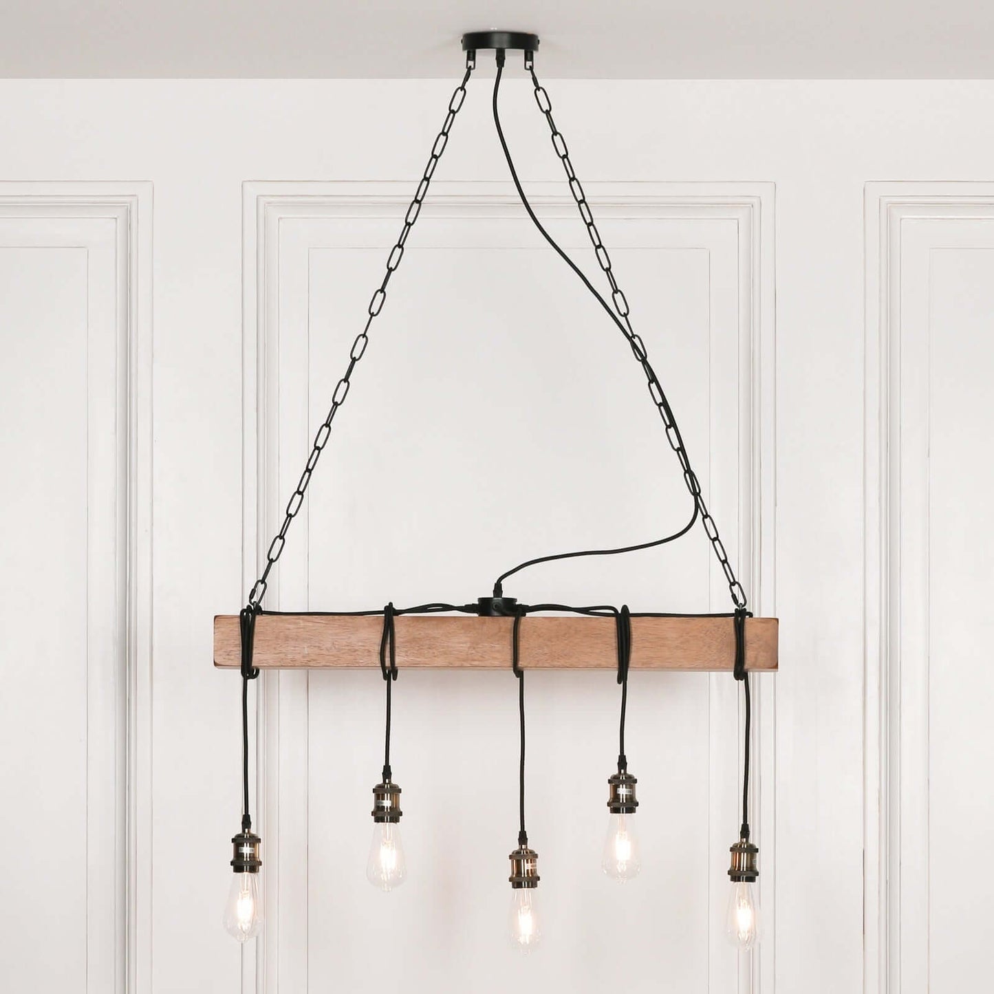 Wooden Pendant Ceiling Light Industrial Rustic Style Hanging Bulbs
