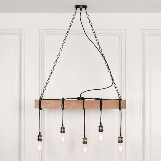 Wooden Pendant Ceiling Light Industrial Rustic Style Hanging Bulbs