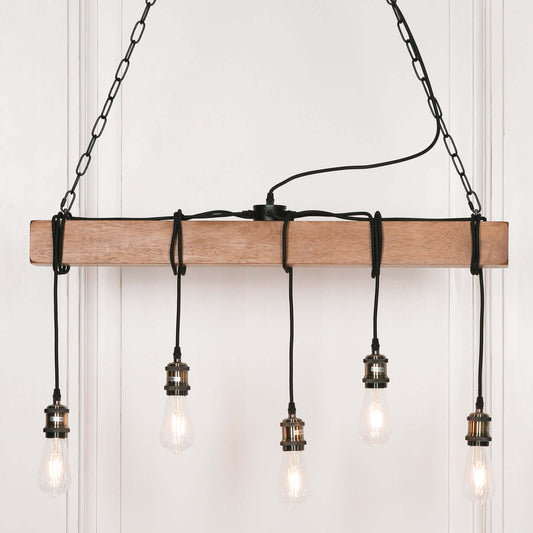 Wooden Pendant Ceiling Light Industrial Rustic Style Hanging Bulbs