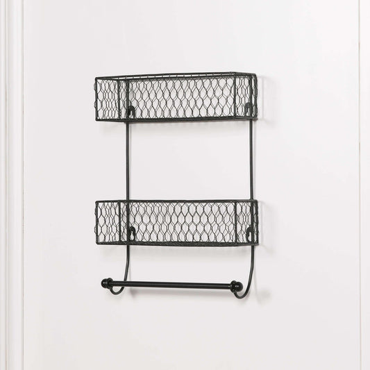Black metal wall mounted spice rack with two shelves and kitchen roll holder for kitchen organization.