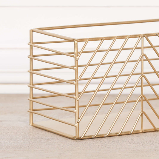 Gold metal storage basket with stylish wire design for desk, kitchen or bathroom organiSation.