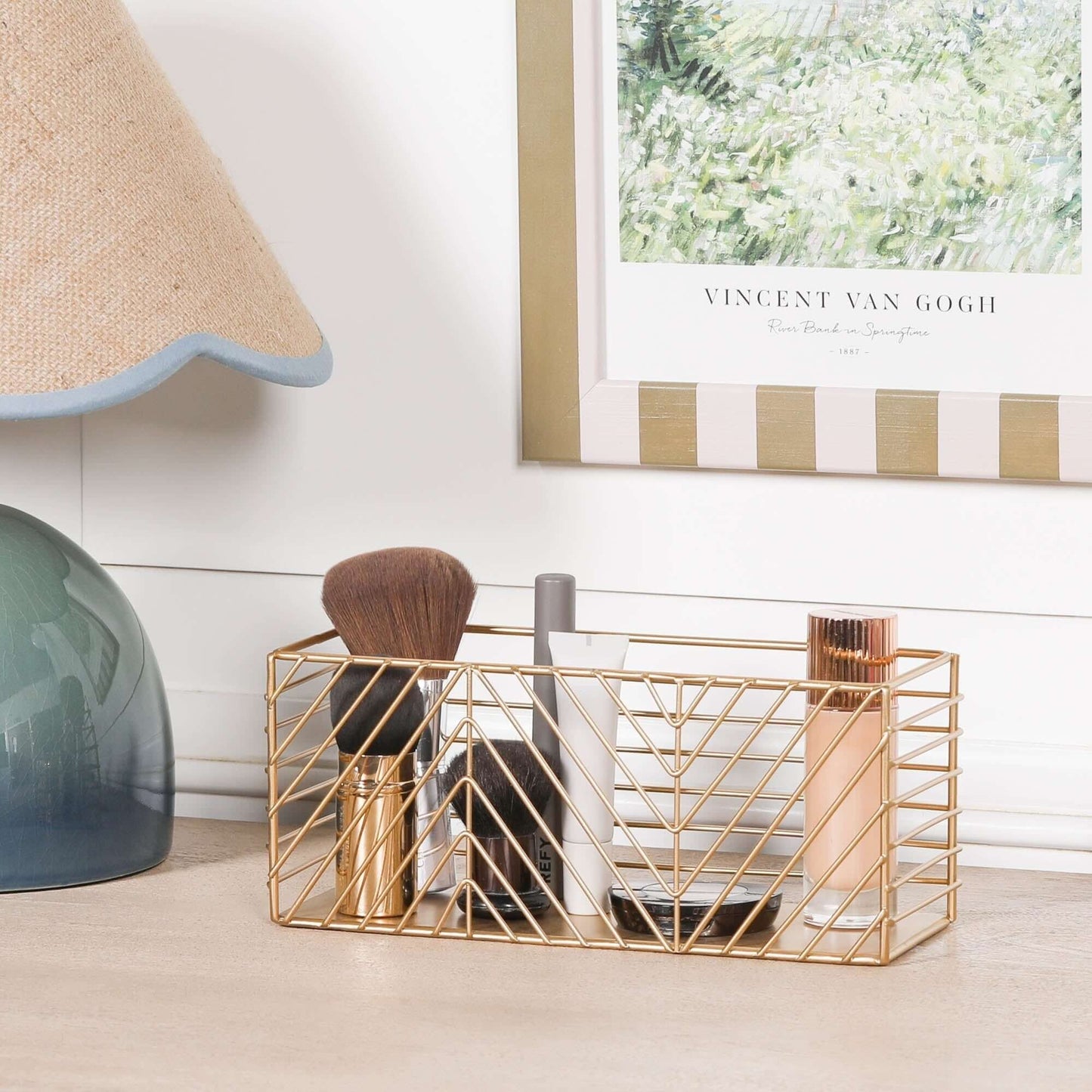 Gold Painted Rectangular Metal Storage Basket
