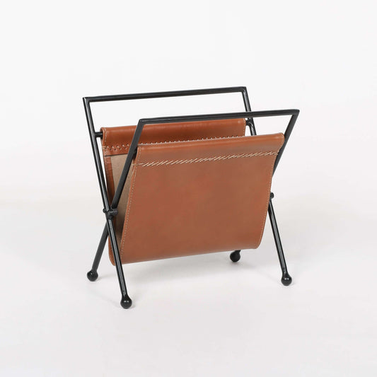 Iron Frame Leather Magazine Storage Basket displayed from the back view, showcasing its sleek design and sturdy structure.