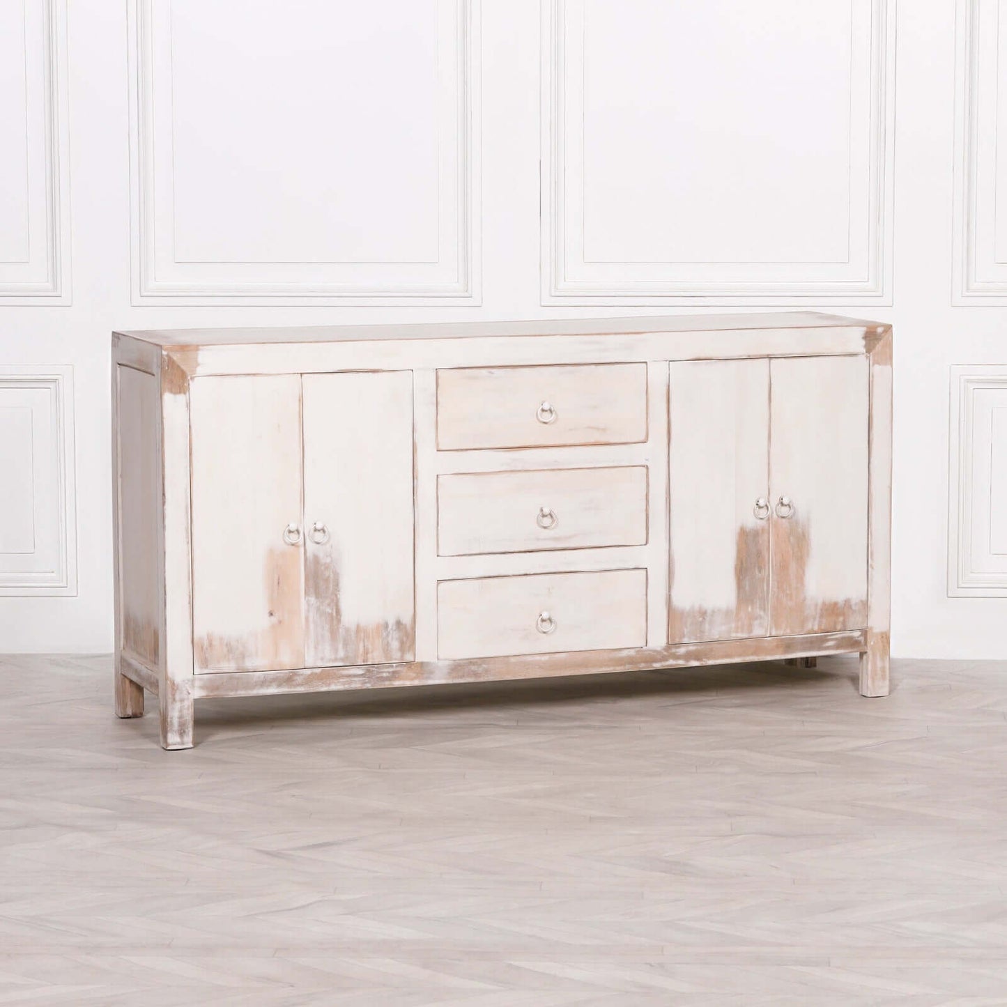 White Distressed Sideboard Mango Wood Oriental Style