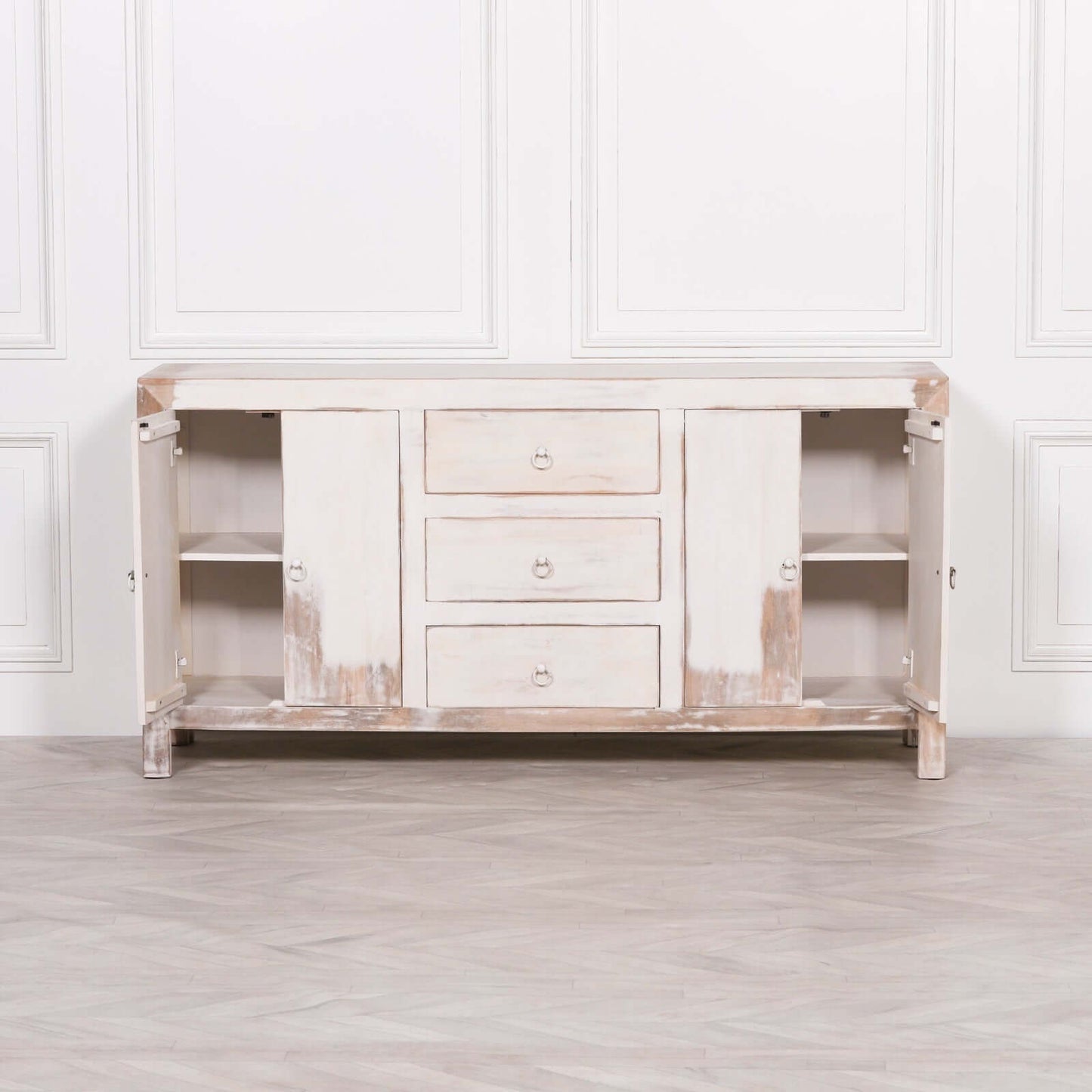 White Distressed Sideboard Mango Wood Oriental Style