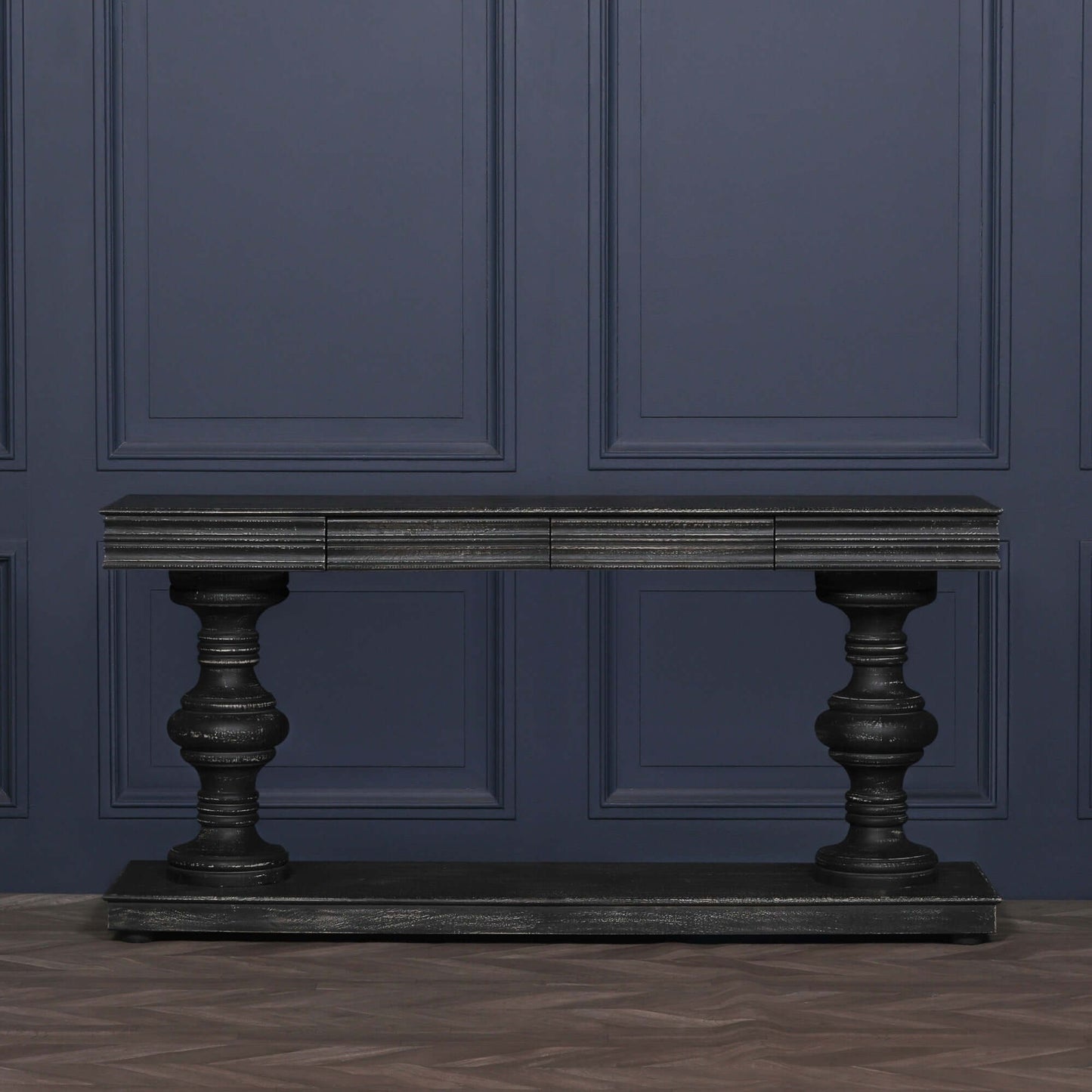 Handcrafted 180cm Distressed Black Wooden Console Table | 2 Drawers